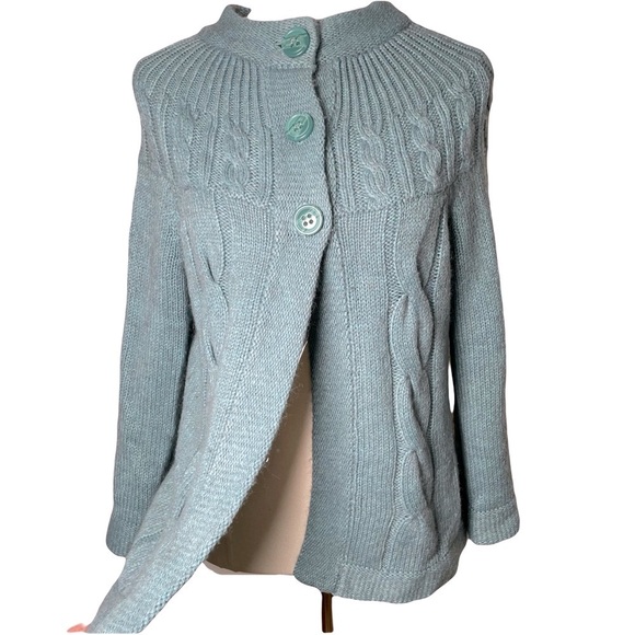 Camaieu Wool Blend Teal Blue/Green Cardigan Size L French Swing Flare - Picture 11 of 11
